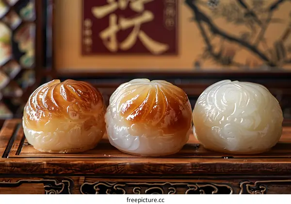 Close up of three Chinese steamed buns on a wooden tray