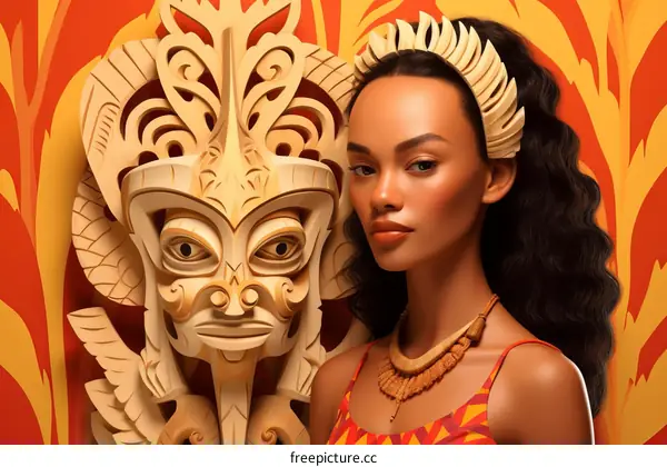 Polynesian wahine with tiki carving