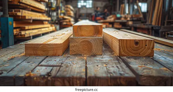 Close-up of a stack of wooden planks in a carpentry workshop