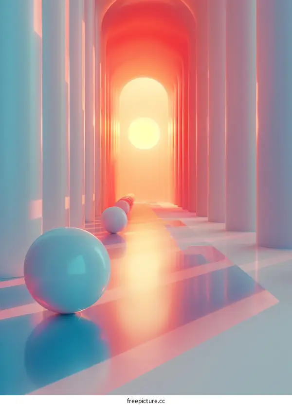 Hallway of Pink and Blue Spheres