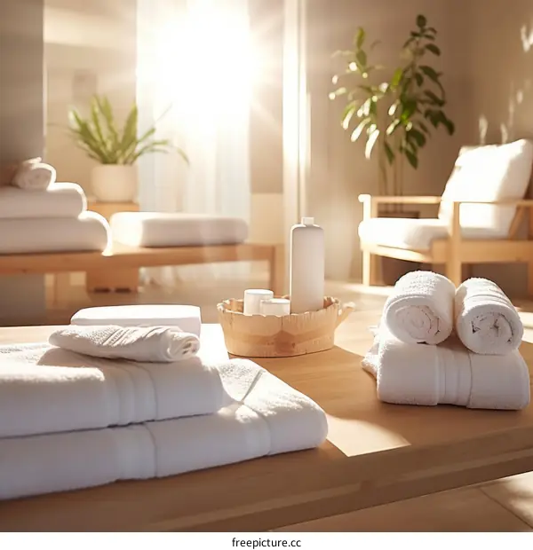 White Towels and Green Plants in a Luxury Spa Resort