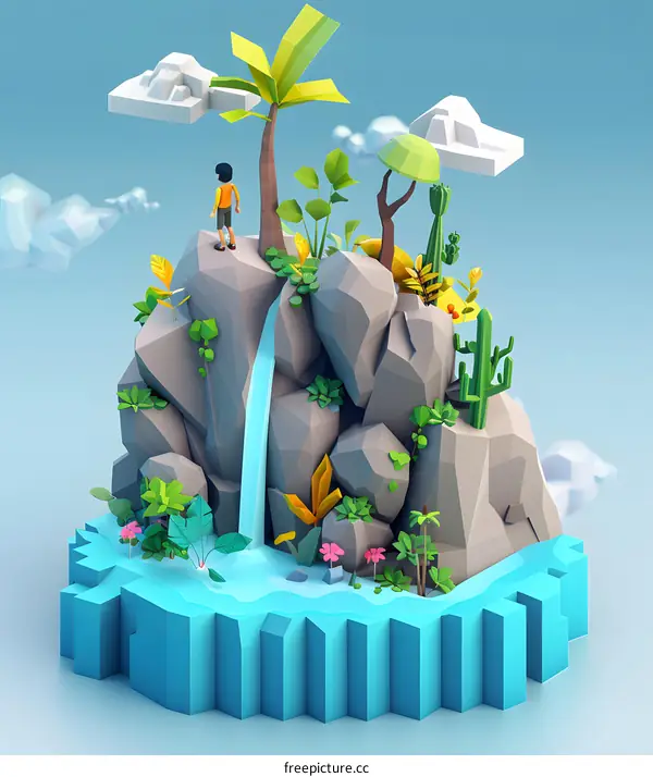 Low Poly 3D Illustration Of A Tropical Island Scene