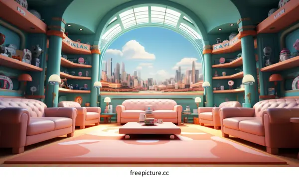 A retro futuristic living room with a large window