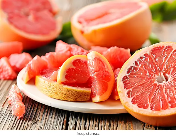 Freshly Sliced Grapefruit on White Plate