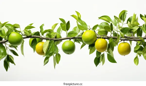 Green and yellow citrus fruits on a branch with green leaves against a white background