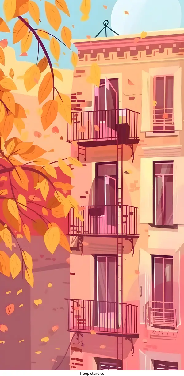 Autumn Leaves Falling on Building