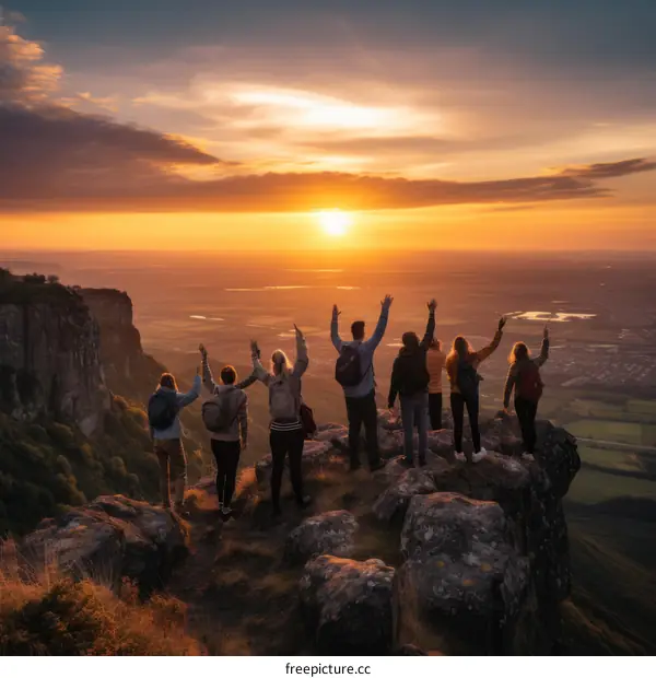 People celebrating the sunset on a mountaintop