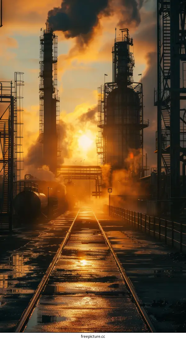 The setting sun casts a golden glow on an industrial refinery complex with a railroad track in the foreground