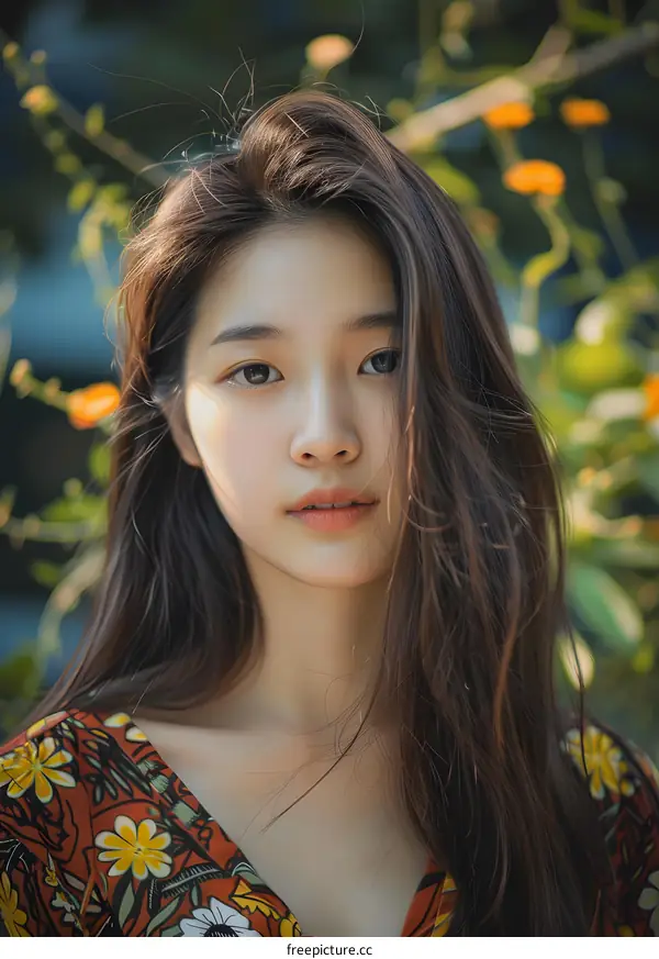 Portrait of a Beautiful Young Woman with Long Dark Hair and a Floral Dress