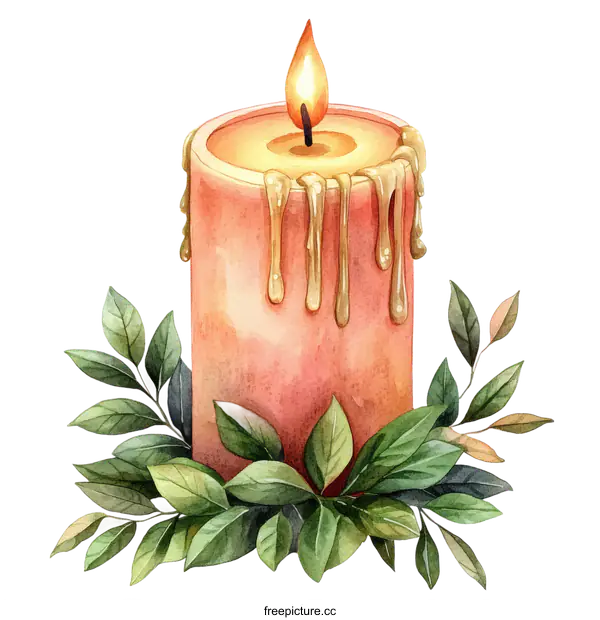 [Transparent Background PNG]Watercolor Illustration of a Single Candle with Dripping Wax and Leaves