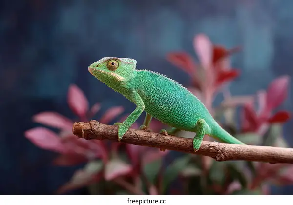Close-up of a Vibrant Green Chameleon on a Branch