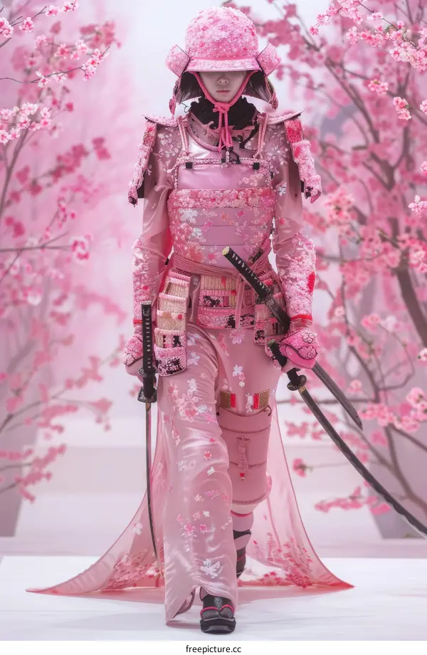 A model dressed in a pink samurai outfit walks down a runway