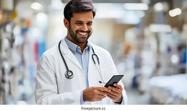 Smiling Doctor Using Smartphone in Clinic