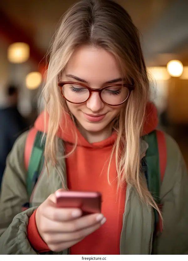 Young Woman Using Phone, Casual Clothing, Glasses, Blond Hair