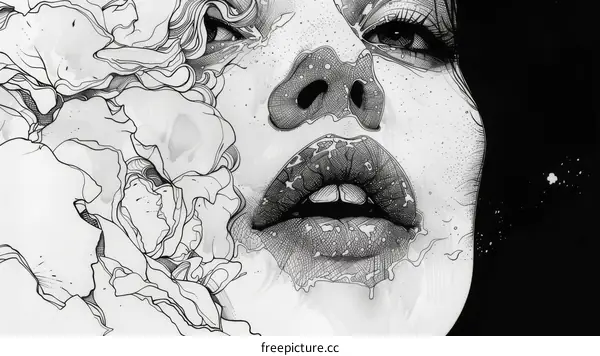 Black and white sketch of a woman's face with flowers