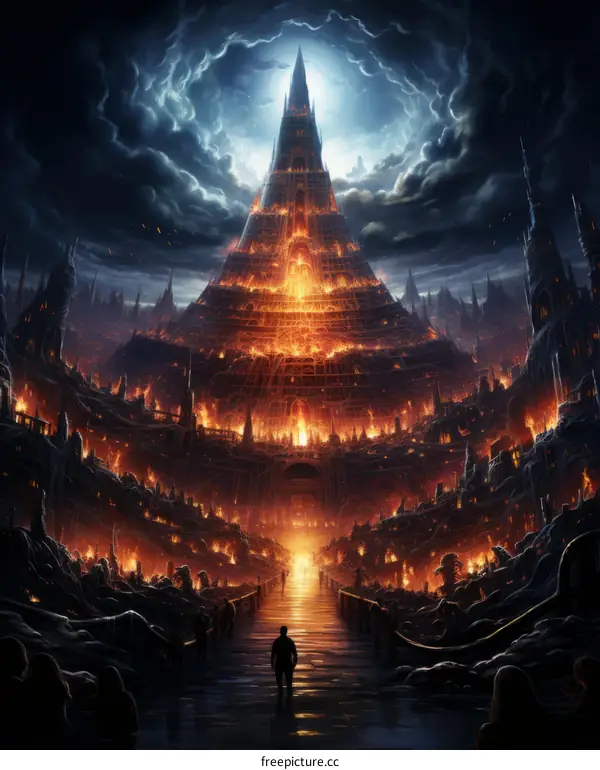 A lone figure stands before a towering inferno of a city