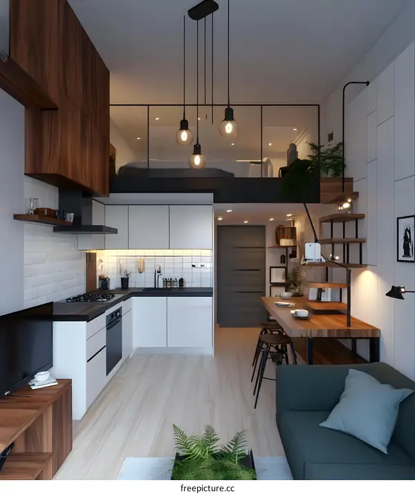 Modern Loft Apartment Interior Design with a Kitchen, Living Room and a Bedroom on a Mezzanine