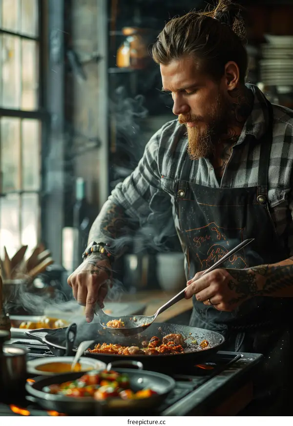 Bearded man cooking in a kitchen