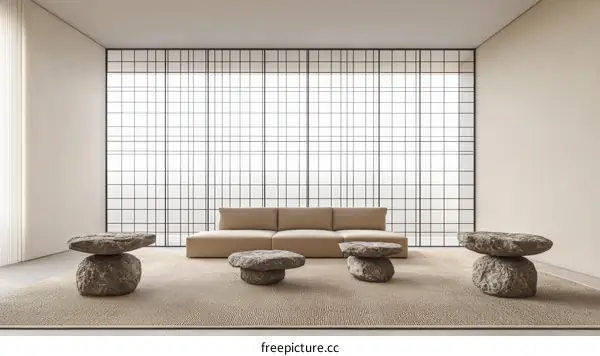Modern Minimalist Living Room Interior Design with Stone Tables