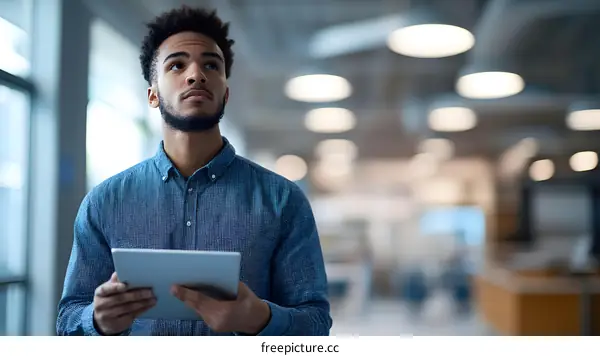 Young African American Man Thinking With Tablet
