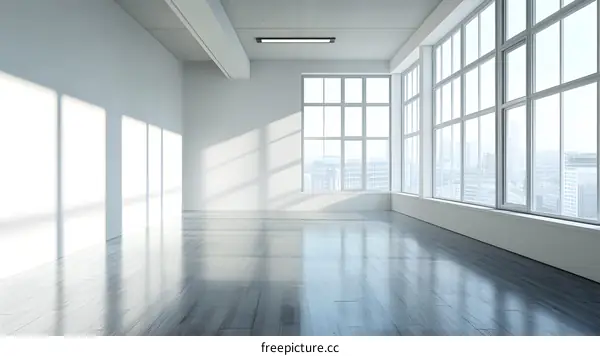 Empty Modern Office Space with Large Windows and City View