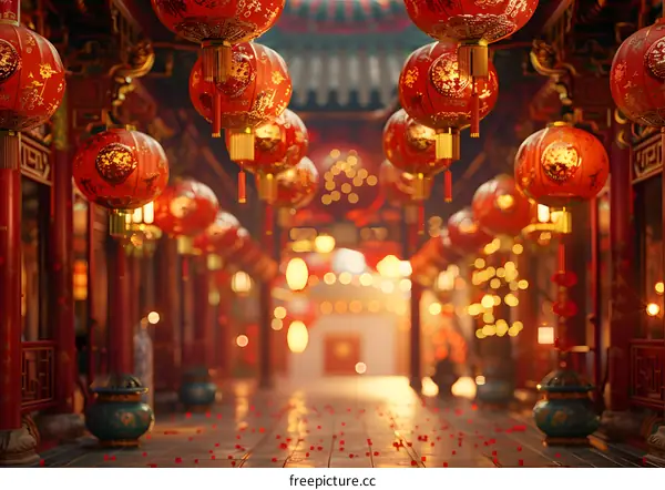 Red lanterns hang high,烘托节日气氛