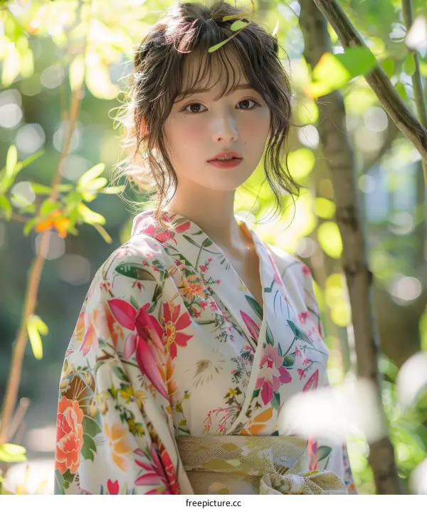 Asian Woman in Traditional Kimono Outdoor Portrait