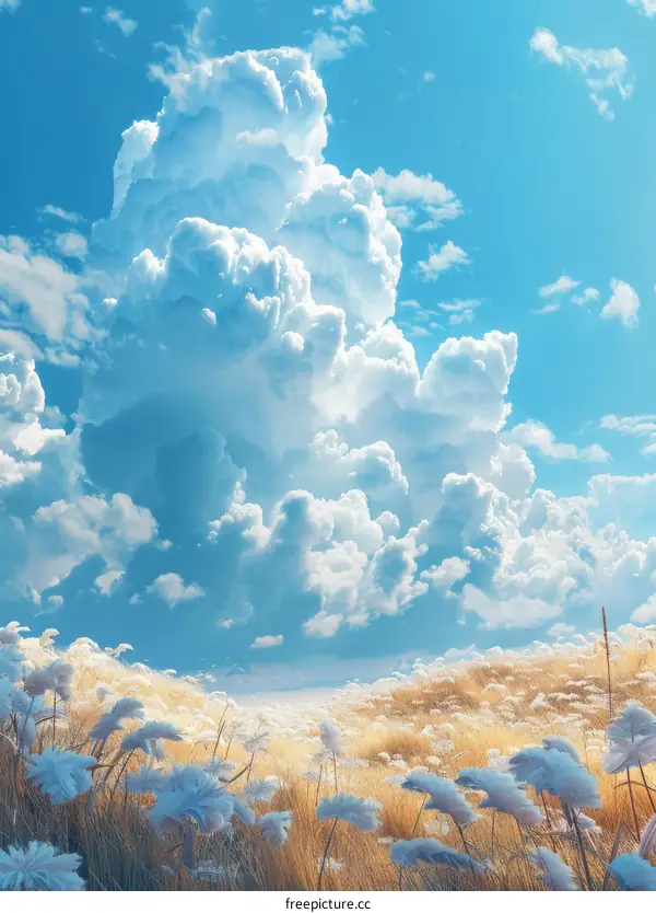 Stunning Sky with Fluffy Clouds and Golden Meadow