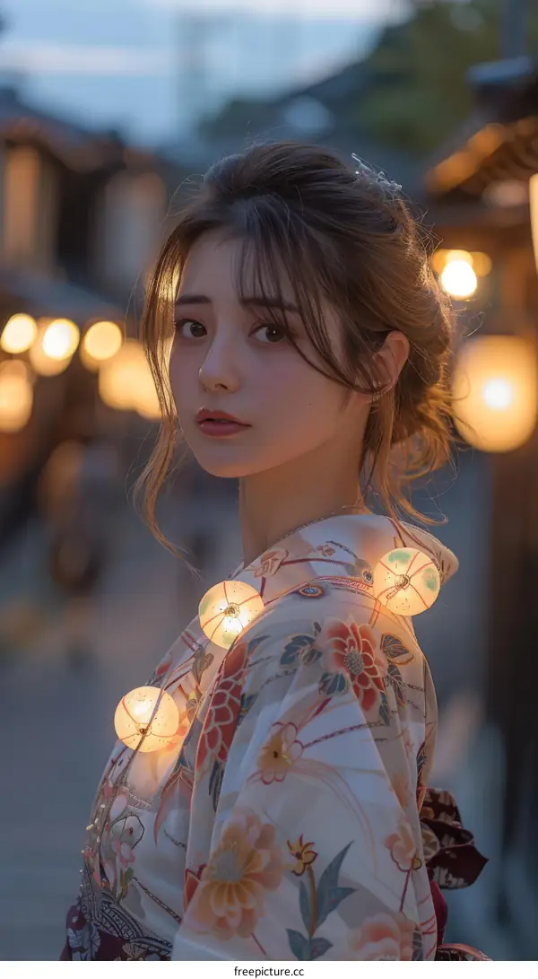 Asian Girl in Traditional Japanese Kimono at Night