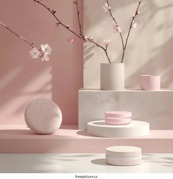 Elegant Pink and White Podiums with Cosmetic Jar and Delicate Blossoms