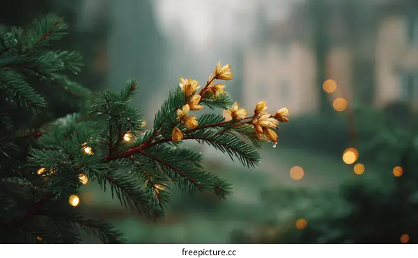 Christmas Tree Branches with Lights and Flowers in the Misty Day