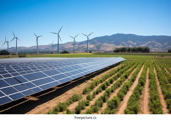 Wind turbines and solar farm on green field