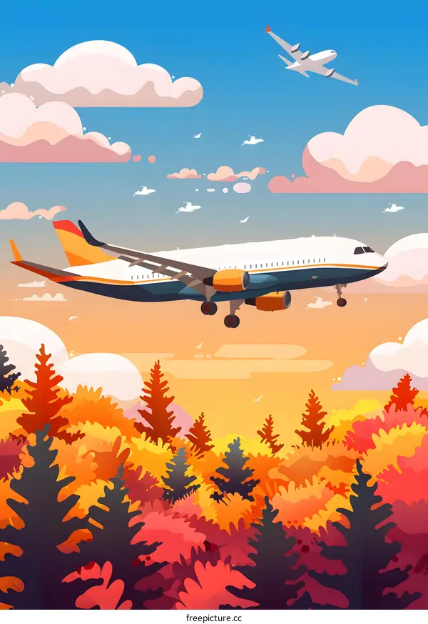Airplane Flying Over Autumn Forest Landscape