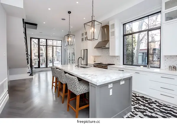 Modern Kitchen with Large Windows and Herringbone Flooring