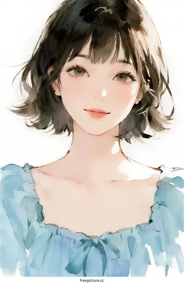 A Young Woman with Short Hair Wearing a Light Blue Blouse