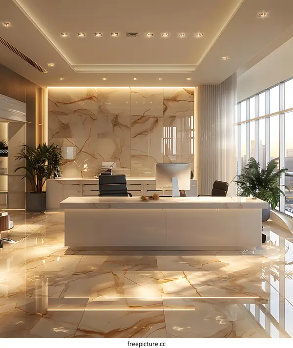 Modern Office Interior Design with Large Window and Marble Floor