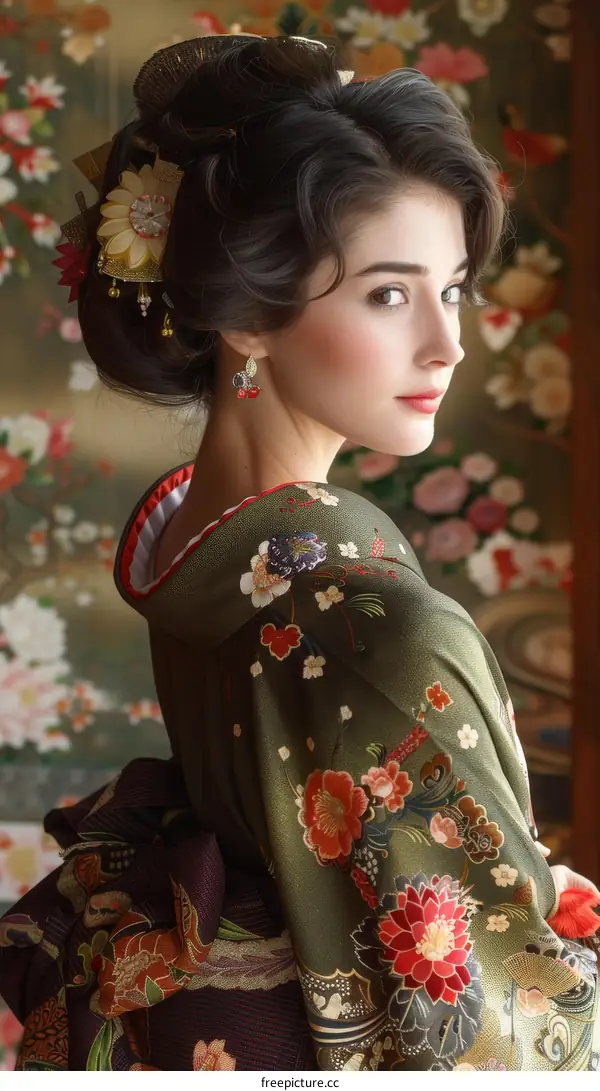 Portrait of a young woman in a kimono