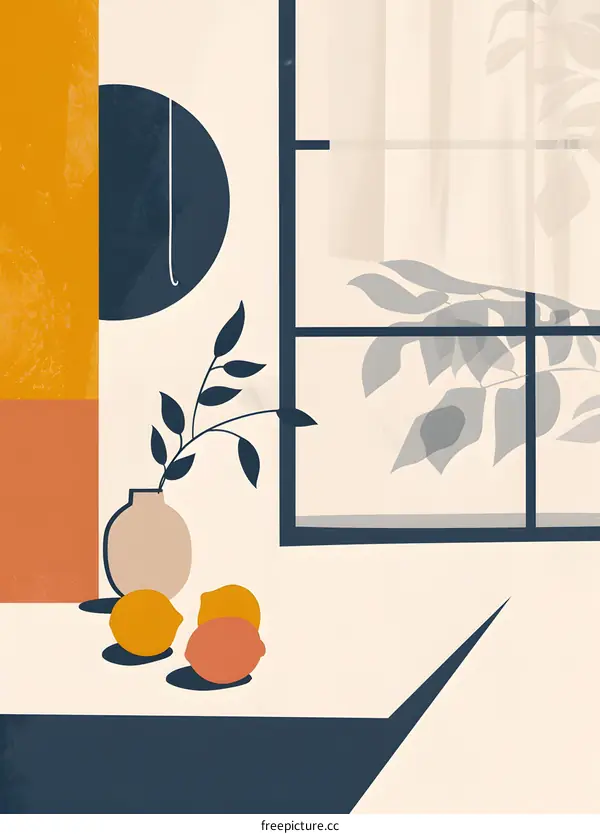 Abstract Minimalist Illustration of a Window with Lemons and a Vase