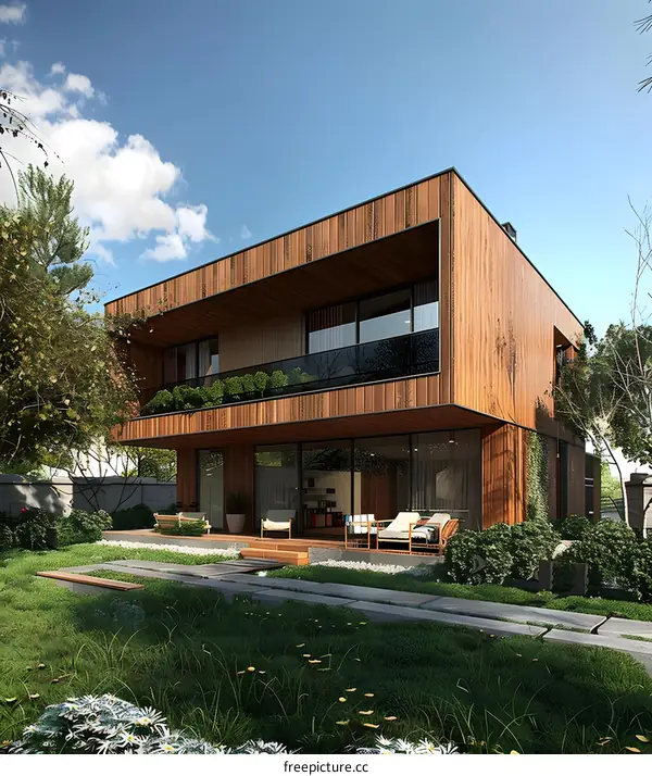 Modern Wooden House Exterior Design with Green Lawn