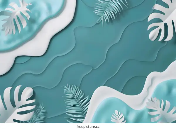 Abstract Turquoise Background With White Tropical Leaves