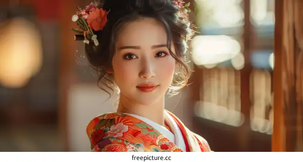 Portrait of a beautiful Japanese woman in traditional kimono
