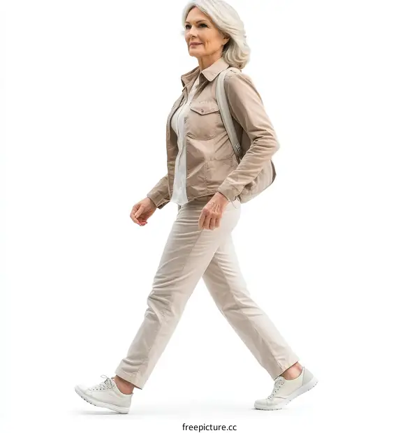 Mature Woman Walking Outdoors Casual Outfit