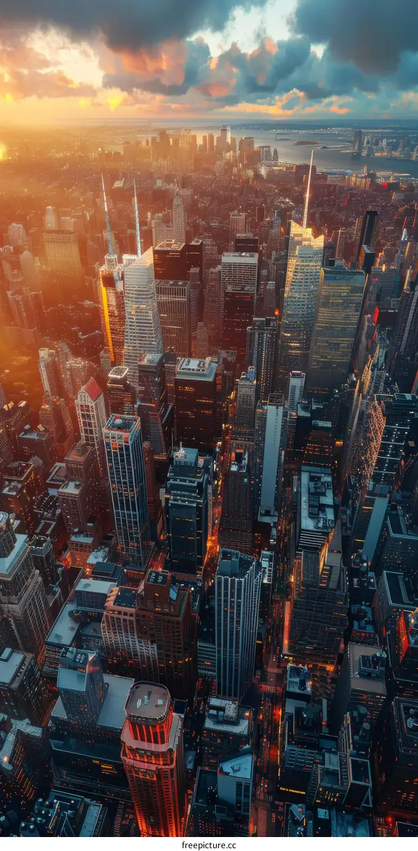 Aerial View of New York City Skyline at Sunset