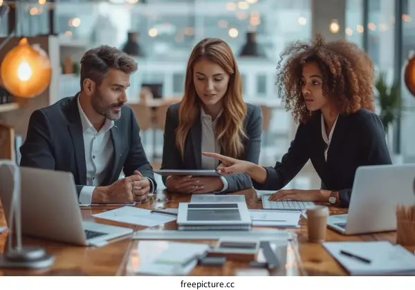 Business professionals in a meeting discussing ideas and strategies