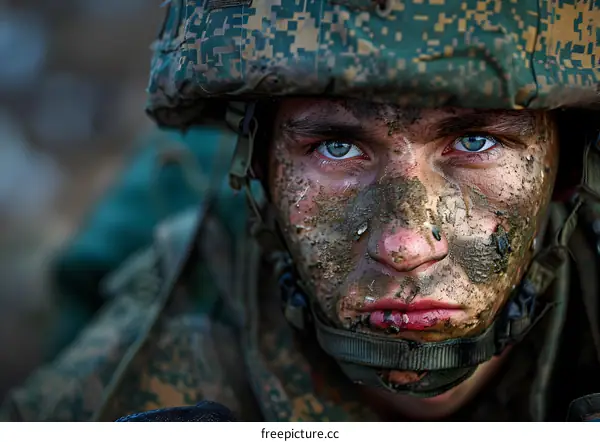 Portrait of a young soldier with mud on his face