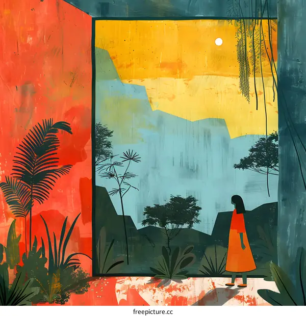 A woman standing in front of a door looking at a jungle landscape