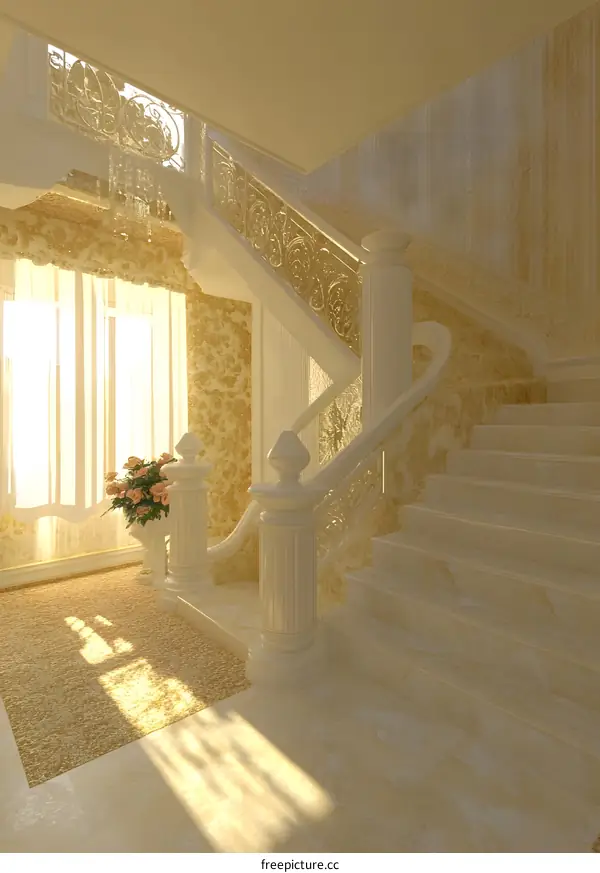 Luxury White Staircase with Ornate Railing and Gold Wallpaper