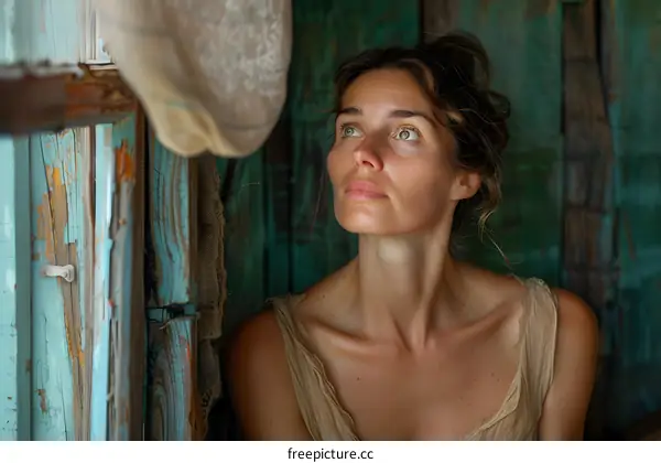 Woman Looking Up Through Old Window
