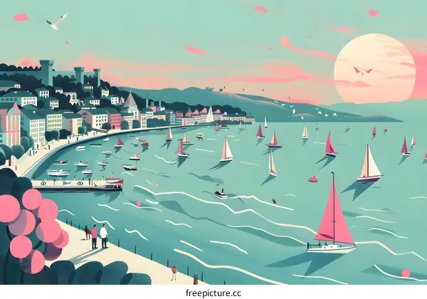 Sailing Boats On Calm Waters With Town In Background