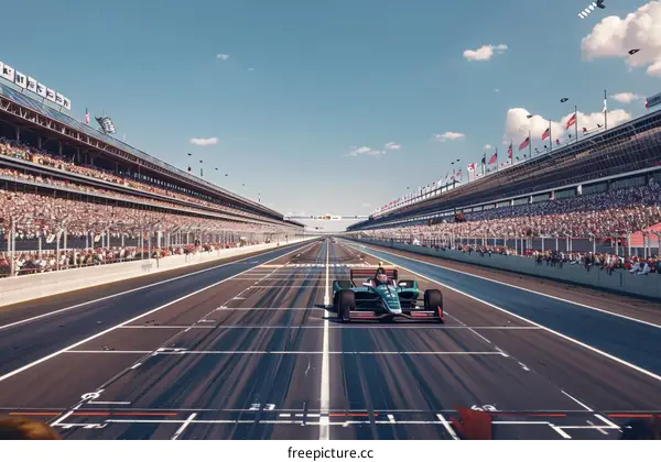 Green Race Car Speeds Down Straight Away with Spectators Cheering